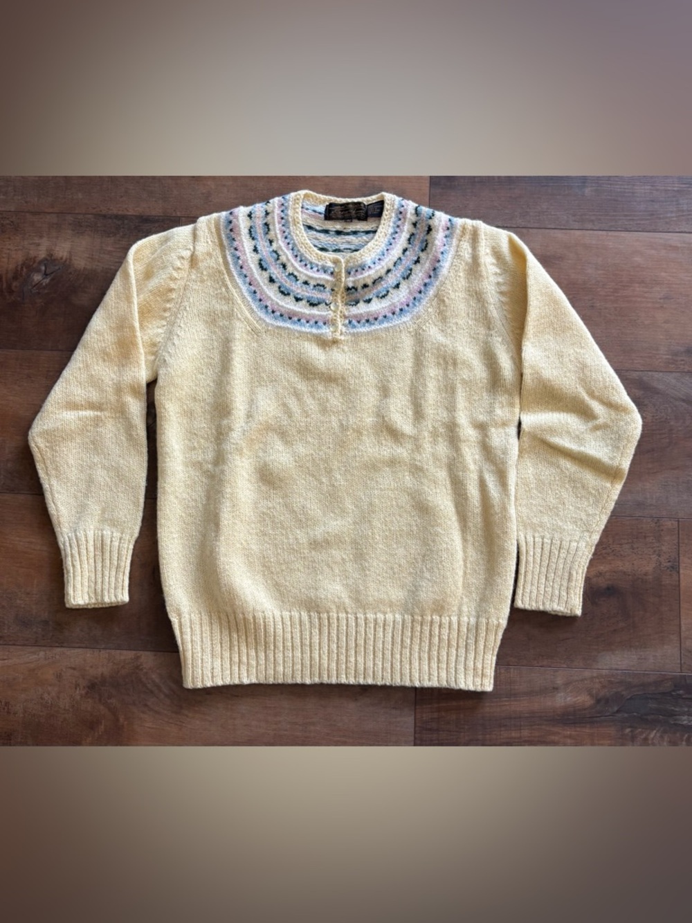 Vintage Eddie Bauer Fair Isle Yellow Button Neck 100% Shetland Wool Sweater